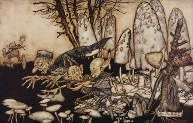 毒キノコを見下ろしていた労働者の集団が急いで駆け出し、1906年にJMバリーによって「ケンジントンガーデンのピーターパン」から道具を置き去りにしました。